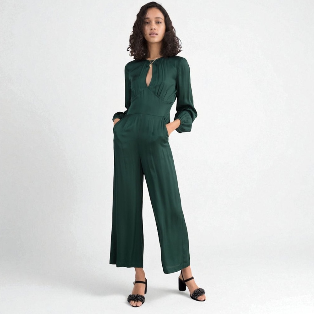 & Other Stories Emerald Green Satin Jumpsuit Long Sleeve Size 2 NWT